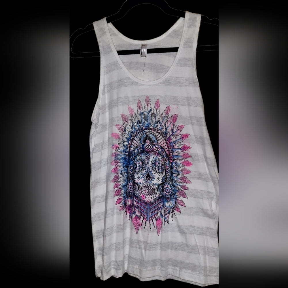 American Apparel Skull and Feathers Tank Top, White/Grey, Size Extra Small